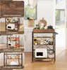 A kitchen cart with various items on it, shown in a kitchen setting. The image is a collage of different views and features of the cart. Podgląd zdjęcia produktu