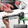 A collage of images showing a professional caulking gun and demonstrating its power compared to traditional ones, with a focus on hand strain. Produktbild-Vorschau