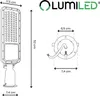 Diagrams showing the dimensions and logo of a LUMILED LED street light. Náhľad obrázku produktu