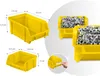 A collage of yellow storage bins, some filled with nuts and bolts, with dimensions indicated. Voir les images du produit