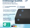 A close-up of a dark gray fitted sheet with marketing text and icons describing its features. Produktbild-Vorschau