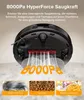 A robot vacuum cleaner is shown from underneath, demonstrating its suction power with animated lines and text. Produktbild-Vorschau