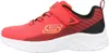 A side view of a red, black, yellow, and white children's sneaker. Voir les images du produit