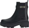 A black Guess boot with a platform sole and a strap across the ankle with the Guess logo. Voir les images du produit