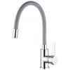 A kitchen faucet with a flexible gray hose and a silver handle. Produktbild-Vorschau