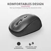 A black wireless computer mouse is shown on a light gray and white background with text describing its features. Produktbild-Vorschau