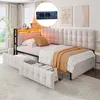 A bedroom scene featuring a daybed with storage drawers and LED lighting, with an inset image of a power outlet. Podgląd zdjęcia produktu
