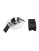 A white circular mounting plate with metal and black plastic components, and a separate black rectangular electronic component, are displayed against a white background. Produktbild-Vorschau