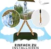 Collage showing different parts of a swing set attachment, including carabiners, rope, and the swing seat, against a cloudy blue sky background. Produktbild-Vorschau