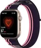 A smartwatch with a heart rate monitor displayed on the screen, attached to a striped fabric band. Náhled obrázku produktu