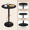 A collage of images showing a black bar table with food on it, and diagrams illustrating its features. Náhľad obrázku produktu