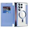 A light blue flip case with card slots is open, revealing credit cards. Next to it, a clear phone case with a blue metallic trim is shown, highlighting the camera lenses and a magnetic ring. Produktbild-Vorschau
