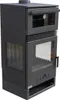 A dark gray wood-burning stove with glass doors and an oven compartment on top, shown against a white background. Produktbild-Vorschau