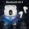 A white charging case for wireless earbuds is shown with two earbuds to the right. The background is dark and features abstract circuit board graphics. Icons and text describing features are present at the bottom. Produktbild-Vorschau