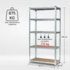 A metal shelving unit with MDF shelves, shown with dimensions and weight capacity information. Produktbild-Vorschau