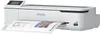 A white Epson plotter printer is shown from a diagonal front view, with a blueprint and a magazine page partially fed out of the paper tray. Produktbild-Vorschau