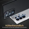 Close-up view of two smartphone camera lens protector sets, one on a black phone and one on a white phone, with German text overlay. Produktbild-Vorschau
