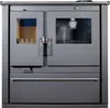 A front view of a dark gray wood-burning stove with glass doors and a thermometer. Produktbild-Vorschau