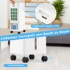 A white air cooler with green cooling pads and a water tank is shown on wheels, with text overlays highlighting its portability and features. Voir les images du produit