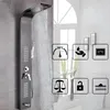 A shower panel with water running, surrounded by icons indicating features. Podgląd zdjęcia produktu