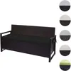 A poly-rattan garden bench with a storage compartment and a black cushion, shown against a white background. Small circular insets on the right show different cushion color options. Náhľad obrázku produktu