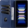 A blue leather wallet-style phone case is open, showing card slots and a phone screen. Produktbild-Vorschau