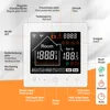 A white thermostat with a digital display showing temperature and time, surrounded by labels and icons explaining its features. Anteprima dell’immagine prodotto