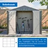 A metal garden shed with its doors open, revealing two bicycles inside. The image includes a text overlay and a diagram of a foundation kit. Produktbild-Vorschau