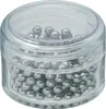 A clear, well-lit studio shot of a small, transparent plastic container filled with numerous small, metallic ball bearings. Anteprima dell’immagine prodotto