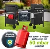 Two gas grills are shown in a garden setting, with a red gas cylinder in the foreground. Text overlays highlight features. Náhled obrázku produktu