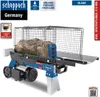 A log splitter is shown with a log inside, against a white background. There are several informational labels and logos around the product. Produktbild-Vorschau
