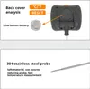 A split image showing the back of a digital thermometer with its battery compartment and a close-up of a stainless steel probe. Produktbild-Vorschau