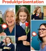 Collage of people holding and interacting with a red rose-shaped LED lamp. Produktbild-Vorschau