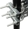 A close-up of a metal clamp attached to a black pole. Produktbild-Vorschau