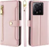 A pink leather phone case with a zipper and card slots, shown from multiple angles. Produktbild-Vorschau