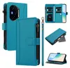 A collage of images showing a blue wallet-style phone case with a zipper and card slots. Produktbild-Vorschau