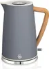 A gray electric kettle with a wood-effect handle and silver accents, placed against a white background. Produktbild-Vorschau