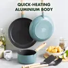 A collection of cookware and utensils are displayed on a countertop, with text overlay highlighting a product feature. Náhled obrázku produktu