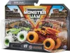 A toy monster truck 2-pack in its retail packaging, displayed against a backdrop of a monster truck arena. Voir les images du produit