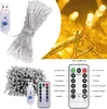 Collage of product images showing LED string lights, a USB connector, and a remote control with mode options. Produktbild-Vorschau