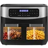 A front view of a dual-chamber air fryer with food visible in both chambers. Produktbild-Vorschau