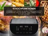 A collage of food items and a close-up of an air fryer's control panel. Produktbild-Vorschau