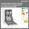 A white dishwasher with its door open, displaying dishes inside, next to an energy efficiency label. Produktbild-Vorschau