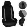A black car seat cover with gray accents, shown from the front, with three close-up insets showing material details and attachment straps. Produktbild-Vorschau