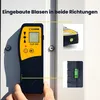 A hand is holding a laser receiver device against a white wall with screws. Insets show close-ups of the device's features. Produktbild-Vorschau