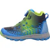 A side view of a single green and blue hiking boot for boys. Produktbild-Vorschau