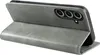 A gray flip case for a smartphone is shown open, with the phone partially inserted. Produktbild-Vorschau