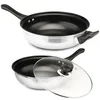 Two views of a silver and black frying pan, one with a glass lid. Voir les images du produit