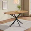 An oval dining table with a wooden top and black metal legs, placed on a rug in a room. Voir les images du produit