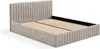 A bed frame with a tall, tufted headboard and wooden slats for mattress support. Náhľad obrázku produktu